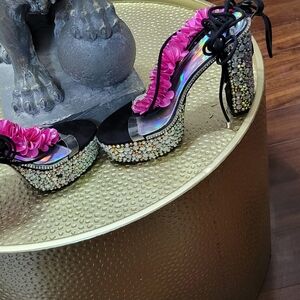 AKIRA Black and Pink Embellished Heels
